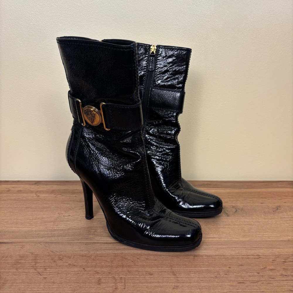 GUCCI Hysteria‎ Accent Patent Leather High Heel Boots Black Women Size 7 Luxury